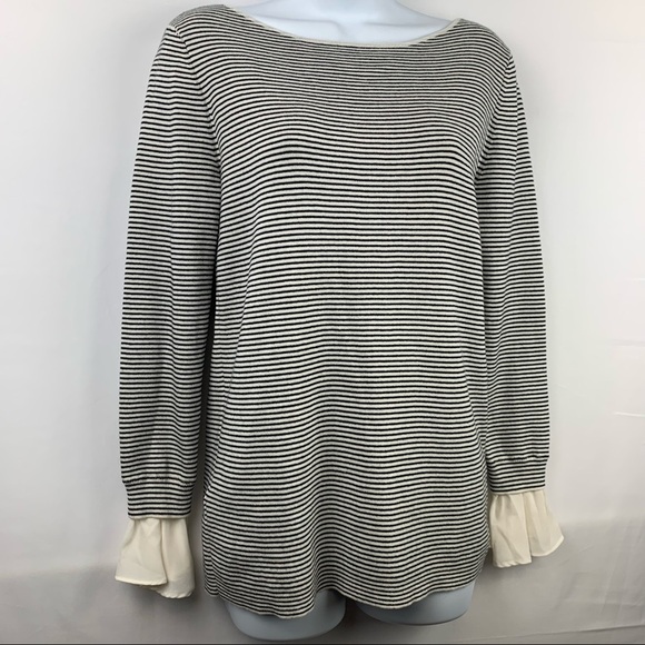 Loft Sweater Top Black Ivory Stripes Ruffle Sleeves - Picture 2 of 10